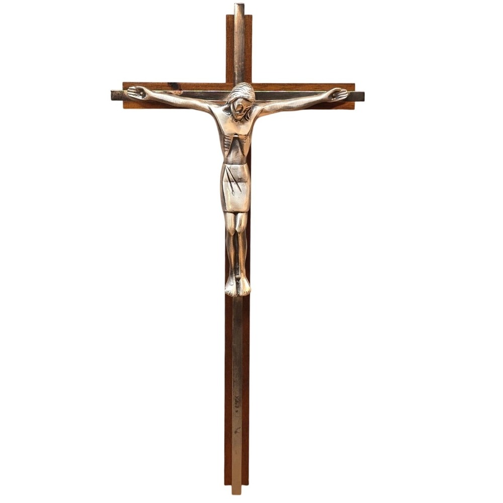 Heavy Wooden and Metal Cross Crucifix Jesus Wall Hanging Vintage 12" x 6"